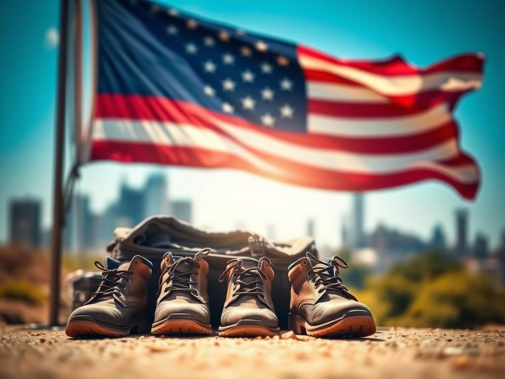 Flick International Symbolic representation of immigration with shoes and travel bag beside a waving American flag