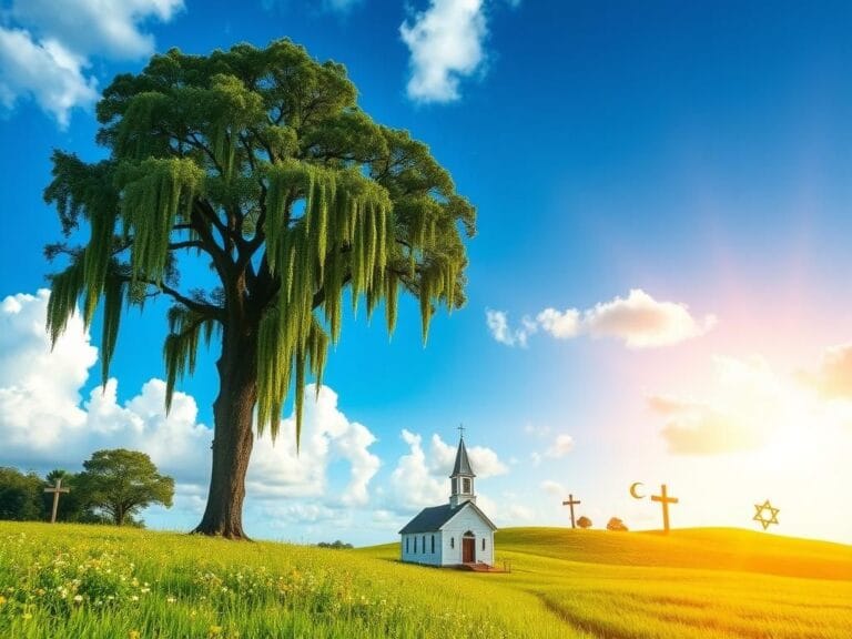 Flick International A serene Florida landscape featuring a majestic oak tree and a quaint church symbolizing religious freedom