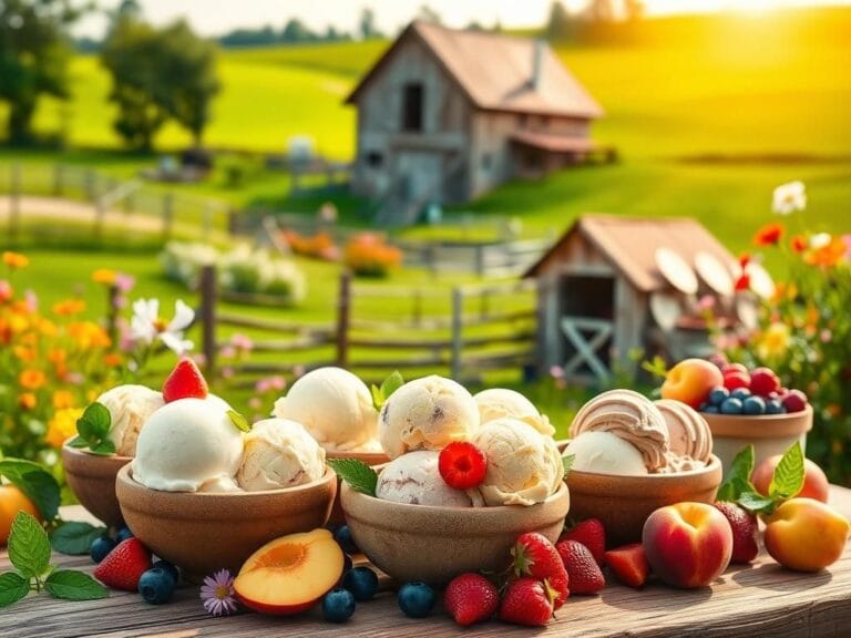 Flick International A vibrant scene featuring a variety of colorful ice cream scoops in rustic bowls surrounded by fresh fruit on a wooden table