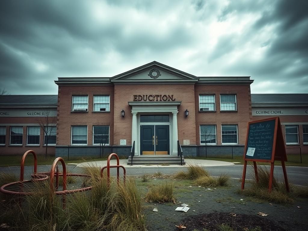Flick International A large, empty school building with closed doors and a neglected playground, symbolizing chaos in education funding.