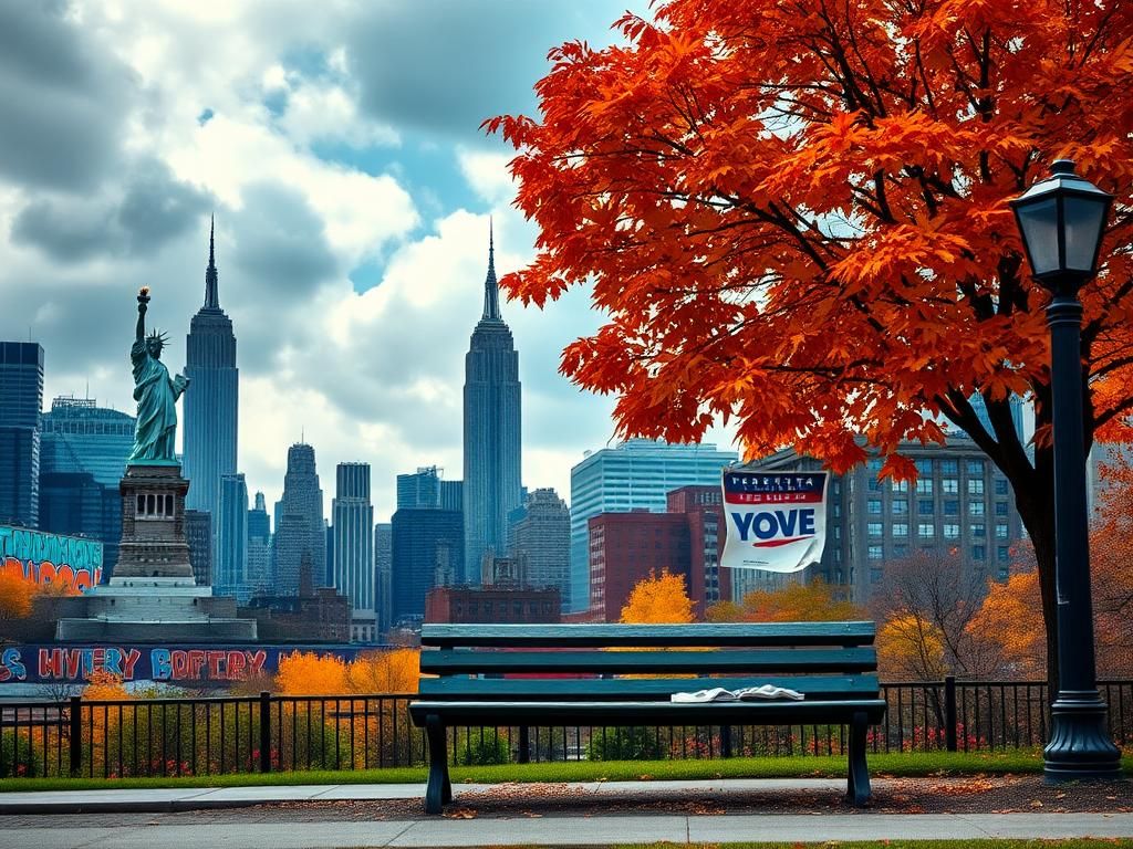 Flick International Autumn cityscape of New York City showcasing iconic landmarks and political imagery