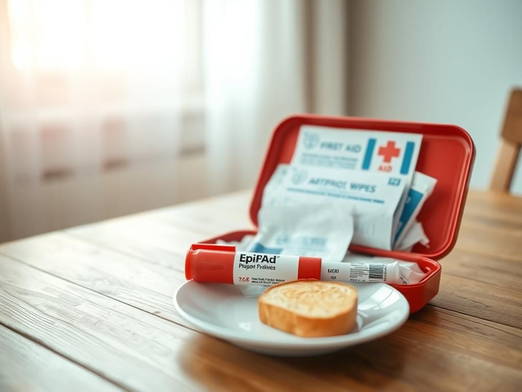 Flick International Close-up of a first aid kit with EpiPen and allergens symbolizing anaphylaxis awareness