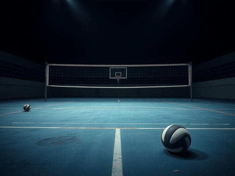 Flick International A deserted volleyball court showcasing a net and a deflated volleyball, symbolizing the struggles of female athletes.