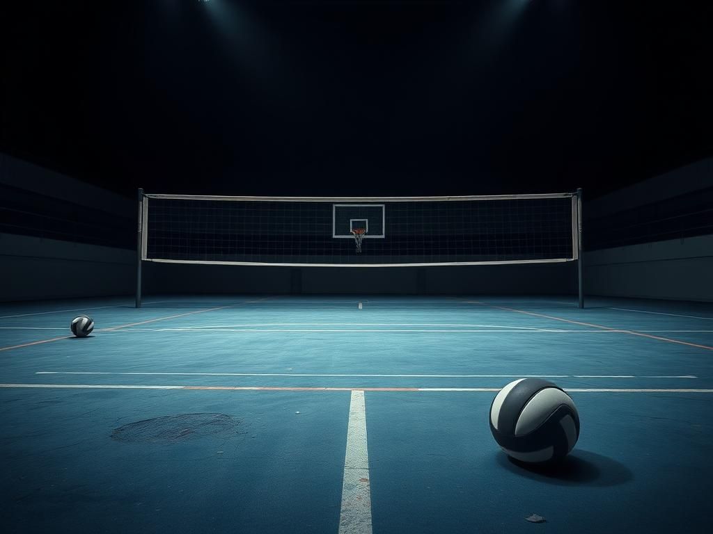 Flick International A deserted volleyball court showcasing a net and a deflated volleyball, symbolizing the struggles of female athletes.