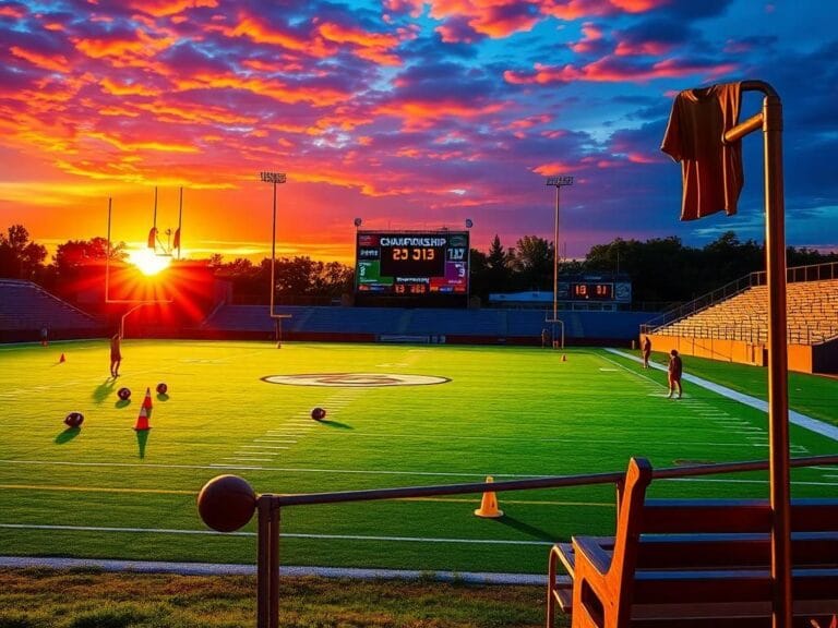 Flick International A high school football field at sunset with goalposts and training equipment