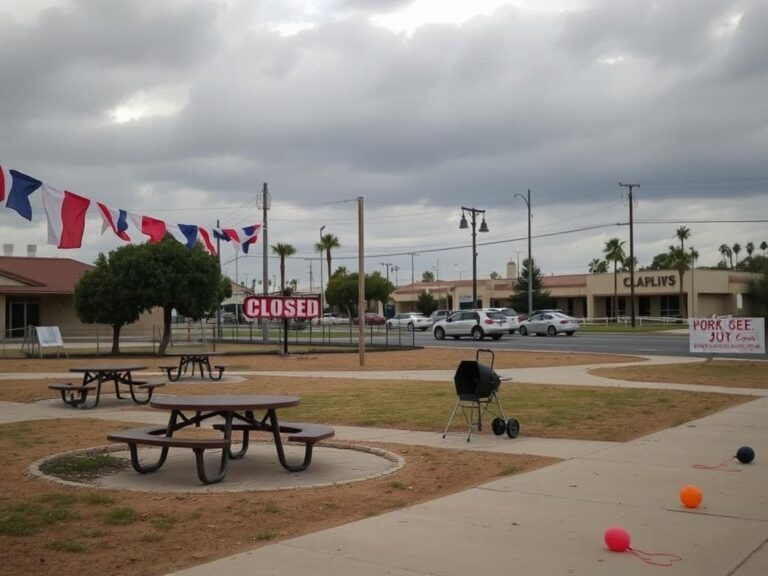 Flick International A deserted community park near Los Angeles during July 4th, featuring empty picnic tables and faded patriotic decorations.