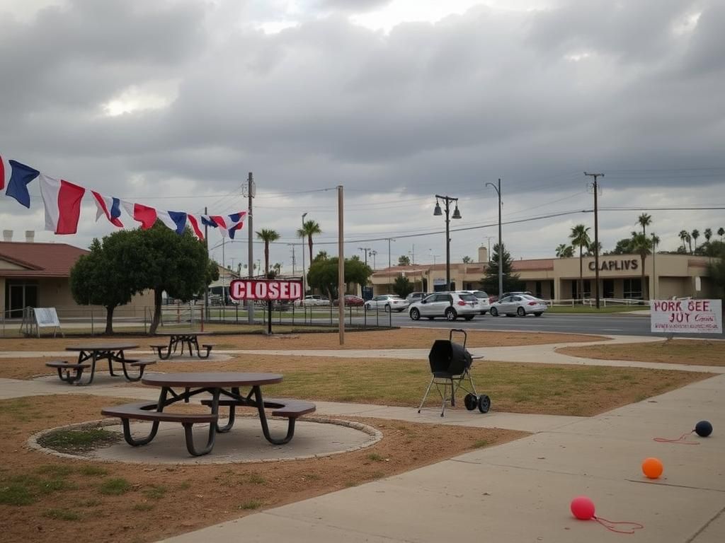 Flick International A deserted community park near Los Angeles during July 4th, featuring empty picnic tables and faded patriotic decorations.