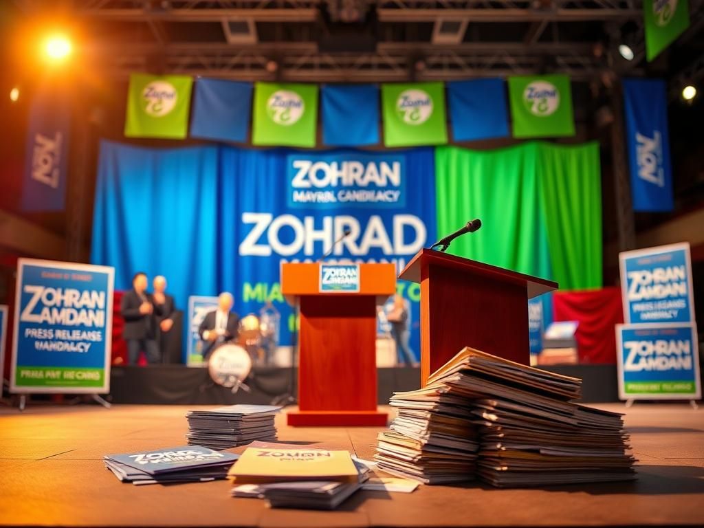 Flick International Zohran Mamdani podium with scattered press materials at a vibrant campaign event