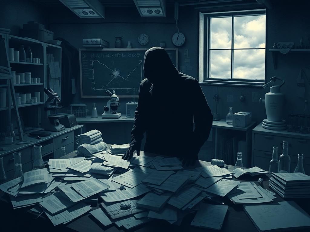 Flick International Dimly lit laboratory showcasing scientific equipment and a cluttered desk symbolizing turmoil and hostility