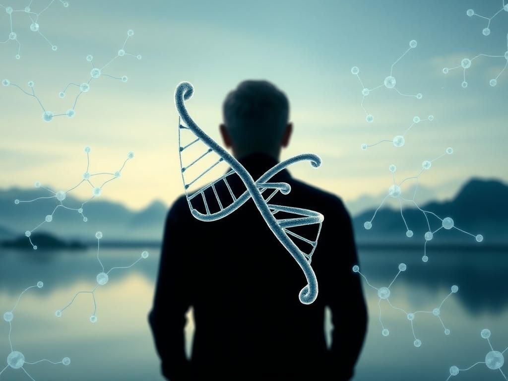 Flick International Conceptual illustration of genetic complexity related to dementia risk in older men, featuring a stylized DNA double helix and HFE gene representation.