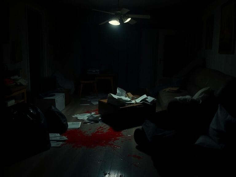 Flick International Dark and cluttered living room scene with bloodstains and an overturned coffee table