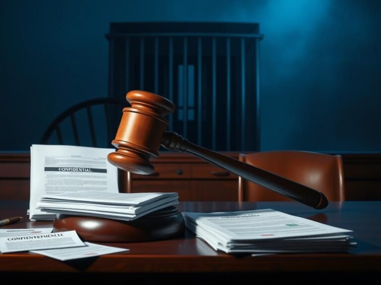 Flick International A dimly lit courtroom scene with a large wooden gavel on a polished bench symbolizing justice