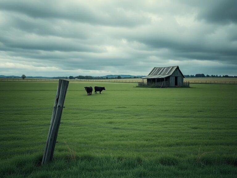 Flick International A vast pasture in Kentucky with a weathered wooden fence and shadowy silhouettes of cattle under a moody sky