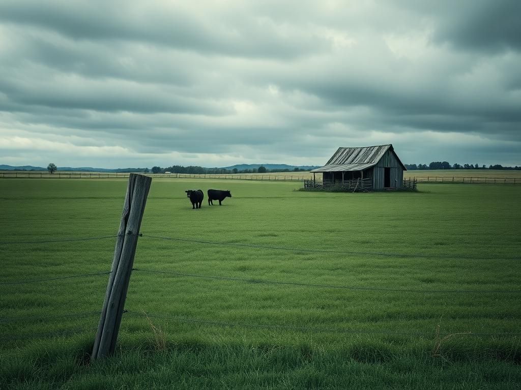 Flick International A vast pasture in Kentucky with a weathered wooden fence and shadowy silhouettes of cattle under a moody sky