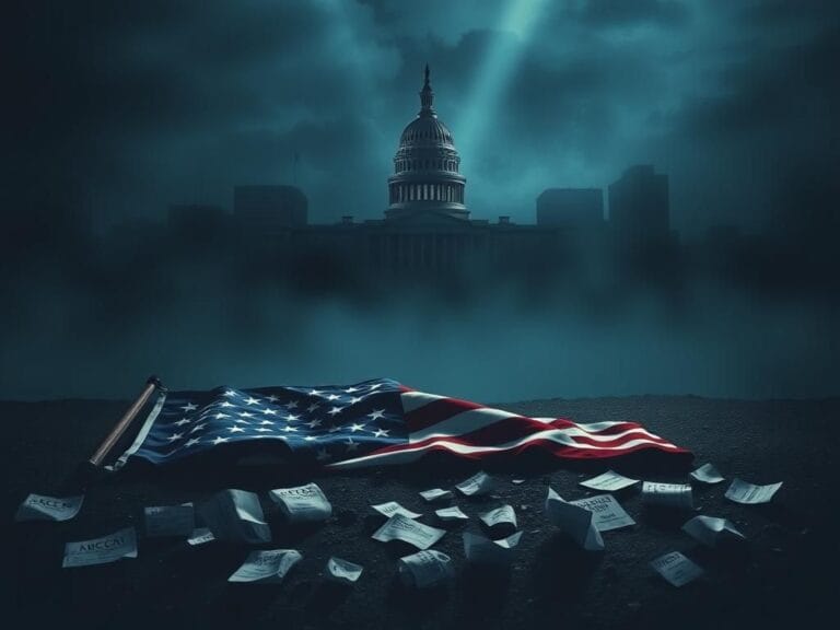 Flick International A broken American flag on the ground in a dimly lit cityscape symbolizing political disillusionment