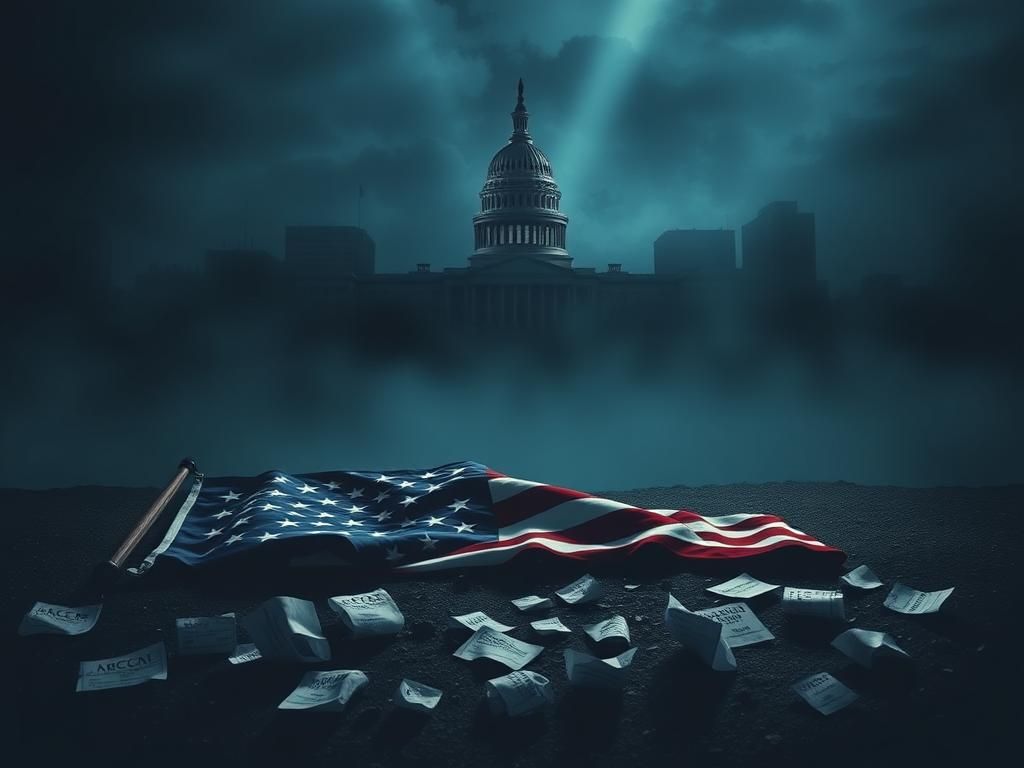 Flick International A broken American flag on the ground in a dimly lit cityscape symbolizing political disillusionment