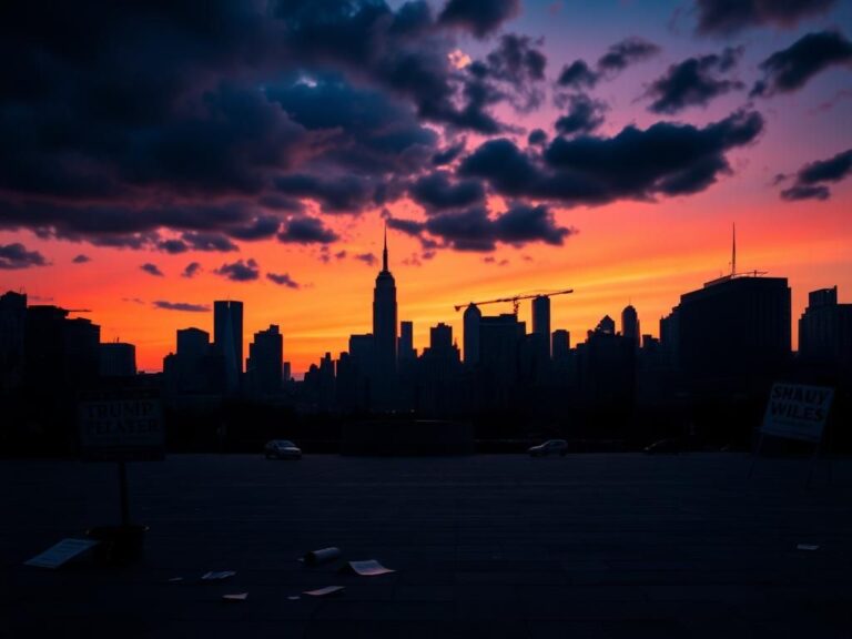 Flick International Dramatic urban landscape of New York City at dusk with a vibrant sunset and empty public square