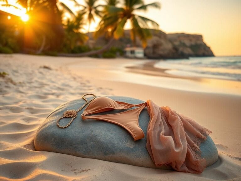 Flick International A serene beach scene at sunrise with a tan string bikini laid out on a rock