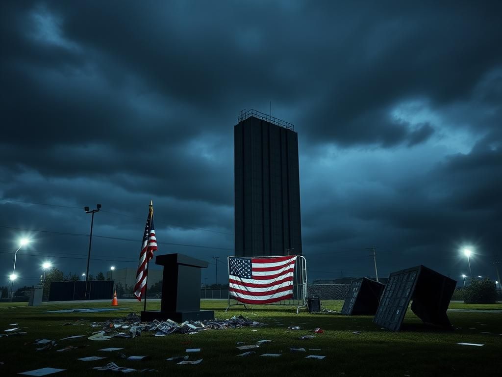 Flick International Dimly lit outdoor scene at Butler rally with empty podium and broken security measures