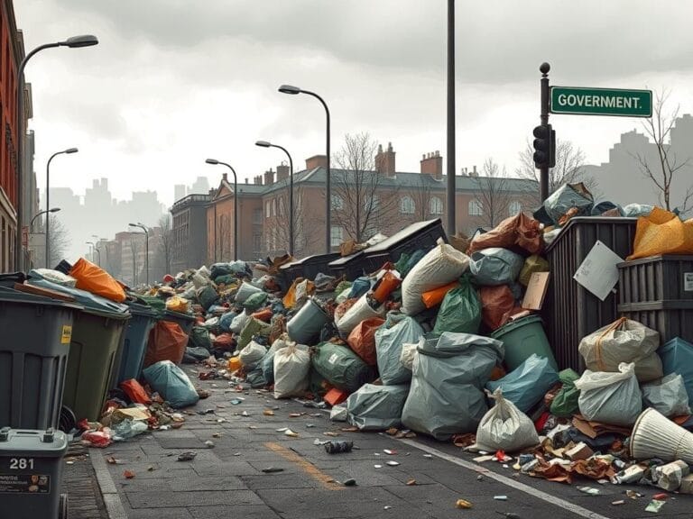Flick International Urban street with overflowing trash bins and scattered litter during garbage collection strike
