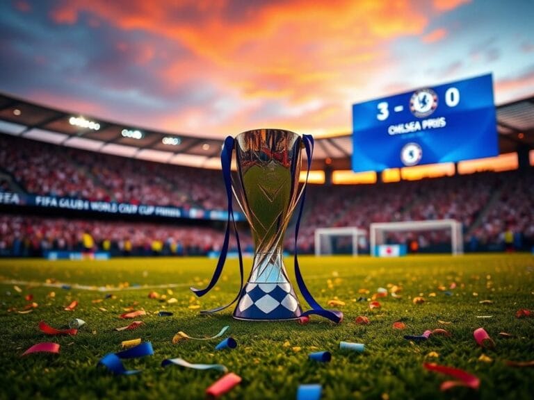 Flick International A vibrant soccer field at sunset featuring the FIFA Club World Cup trophy with gold and blue confetti