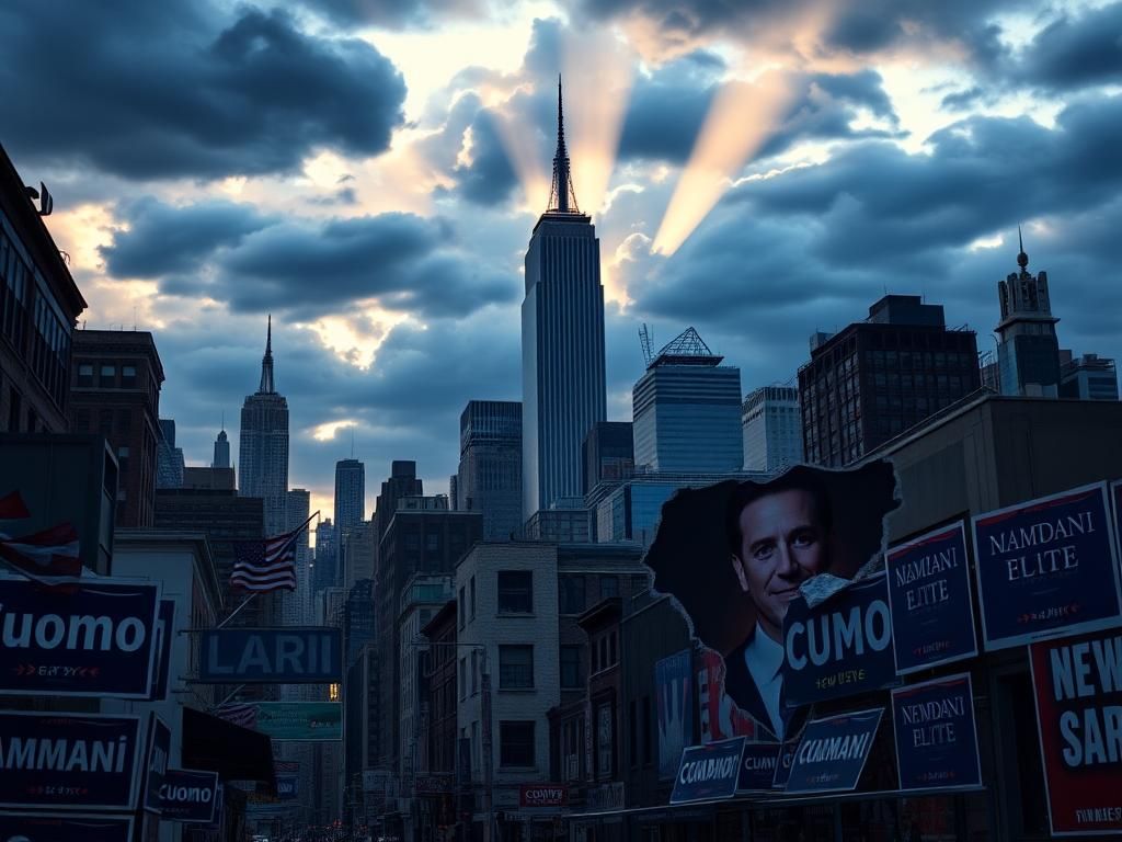 Flick International A twilight cityscape of New York City showcasing the skyline with a focus on campaign posters for Andrew Cuomo, Mamdani, and Sliwa.