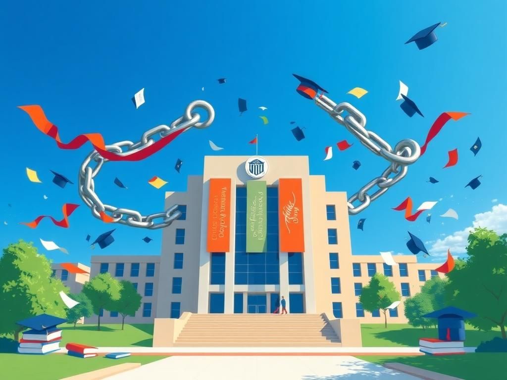 Flick International Abstract representation of higher education reform with a modern university building and breaking chains symbolizing change