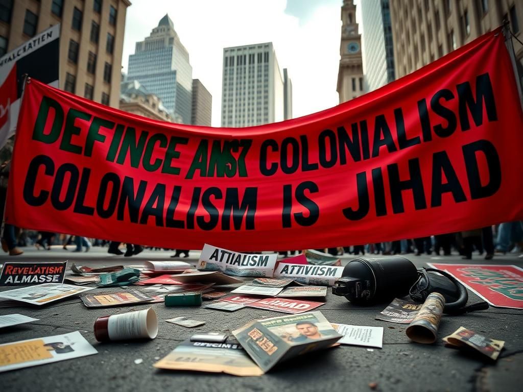 Flick International Protest scene in New York City featuring activist slogans on a large banner.