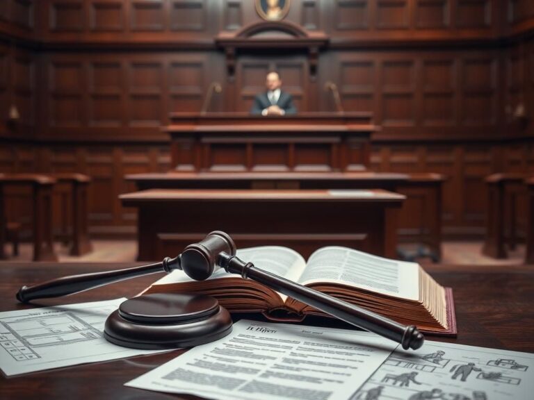 Flick International Somber courtroom scene with a judge's bench and a gavel symbolizing legal complexities