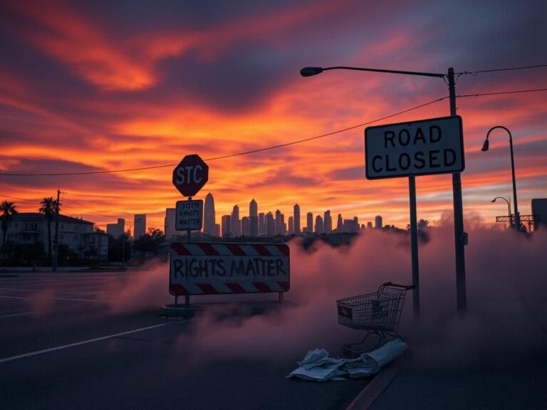 Flick International Dramatic urban landscape of Los Angeles showcasing the iconic skyline under a sunset sky