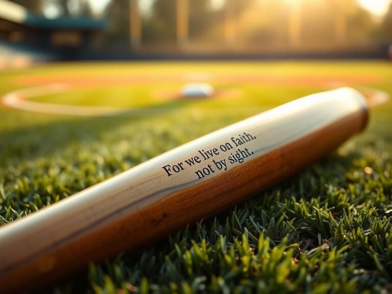 Flick International Close-up of a polished wooden baseball bat with an engraved Bible verse resting on green turf