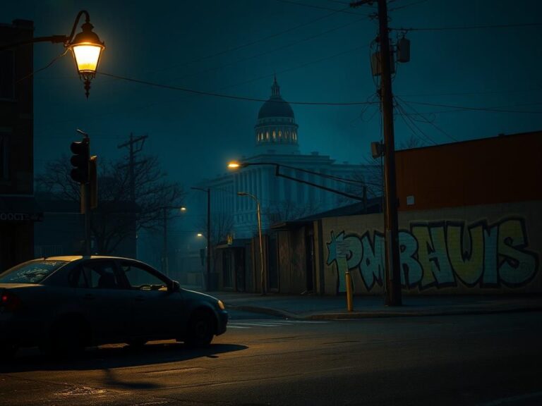 Flick International Dark urban scene depicting a deserted street corner in Providence, Rhode Island with damaged cars and graffiti.