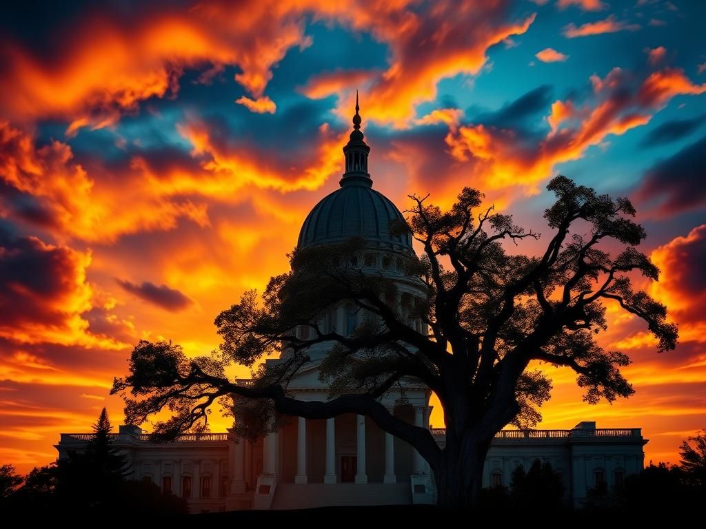 Flick International Silhouette of a strong political building against a dramatic sunset