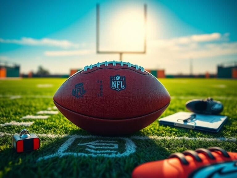 Flick International Close-up of an NFL-branded football on a chalk-drawn play diagram on a vibrant football field