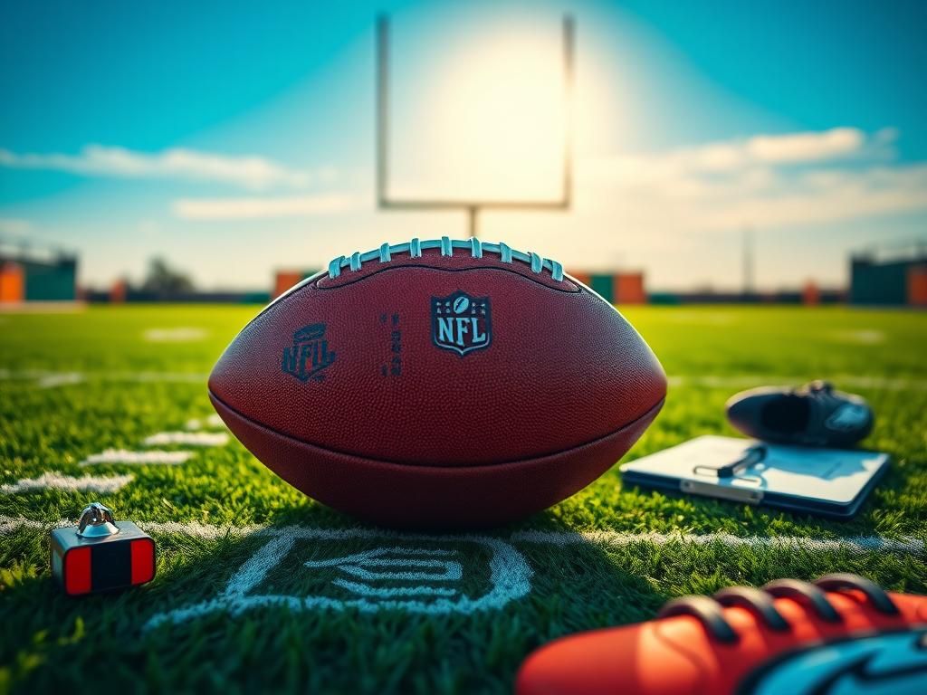 Flick International Close-up of an NFL-branded football on a chalk-drawn play diagram on a vibrant football field