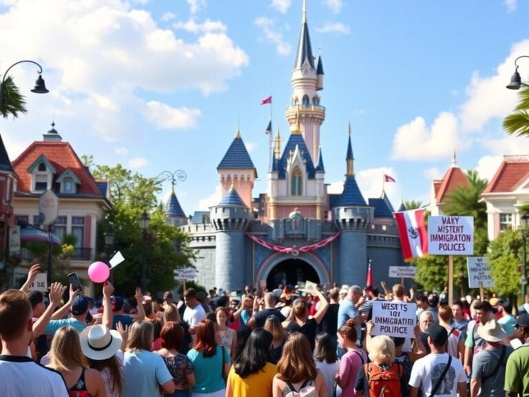 Flick International Vibrant exterior of Disneyland with iconic attractions and animated boos representing discontent