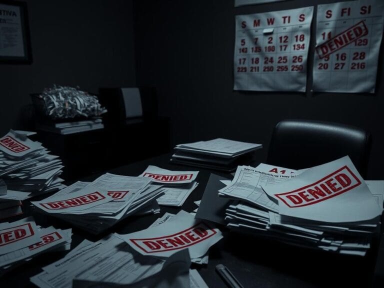 Flick International A cluttered desk symbolizing a tax fraud scheme with documents marked 'DENIED'