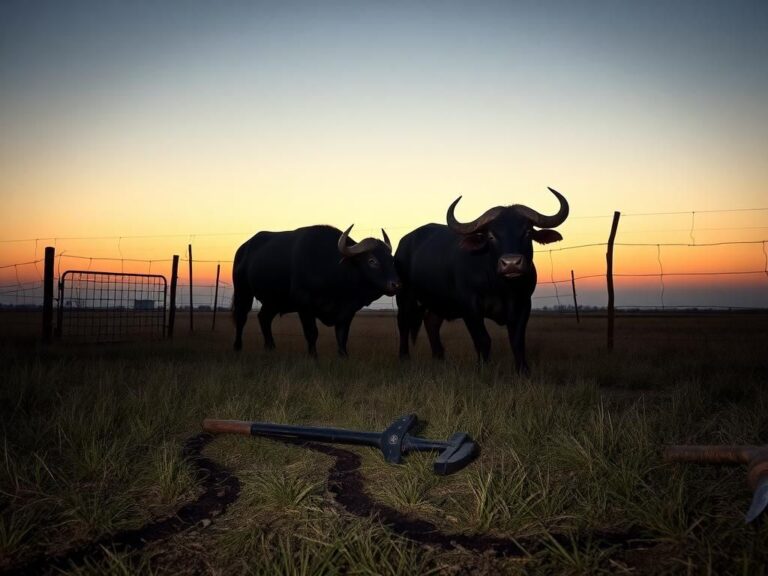 Flick International Two dark water buffaloes standing in a fenced enclosure at dusk in Oklahoma