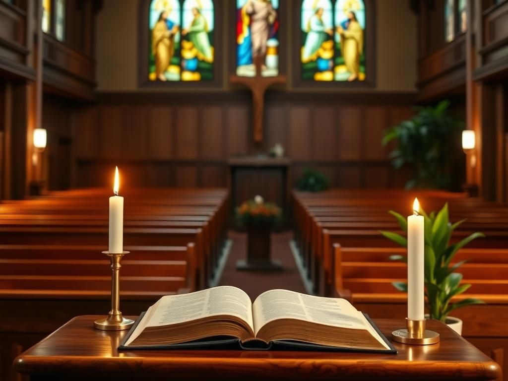 Flick International Serene church interior with wooden pews and an open Bible on the pulpit