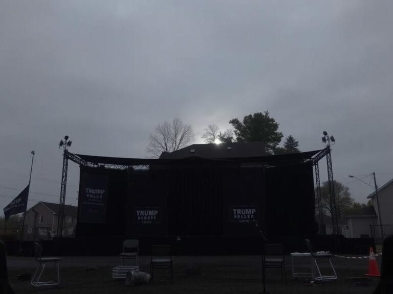 Flick International Shadowy, abandoned stage at a political rally site in Butler, Pennsylvania