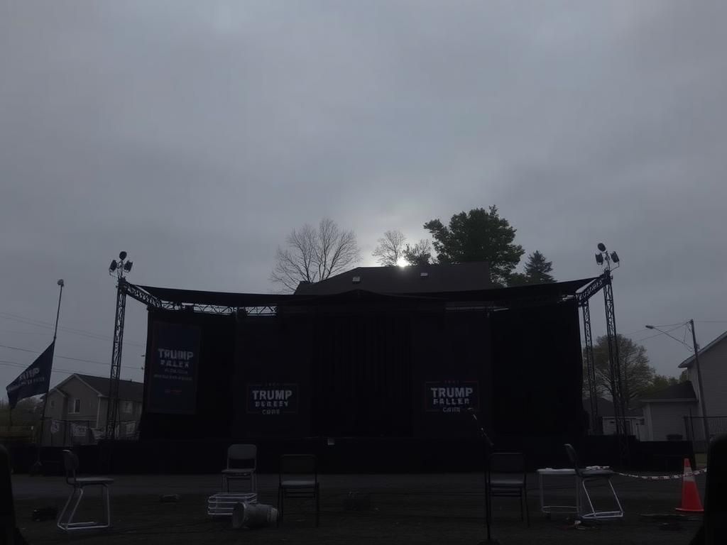 Flick International Shadowy, abandoned stage at a political rally site in Butler, Pennsylvania