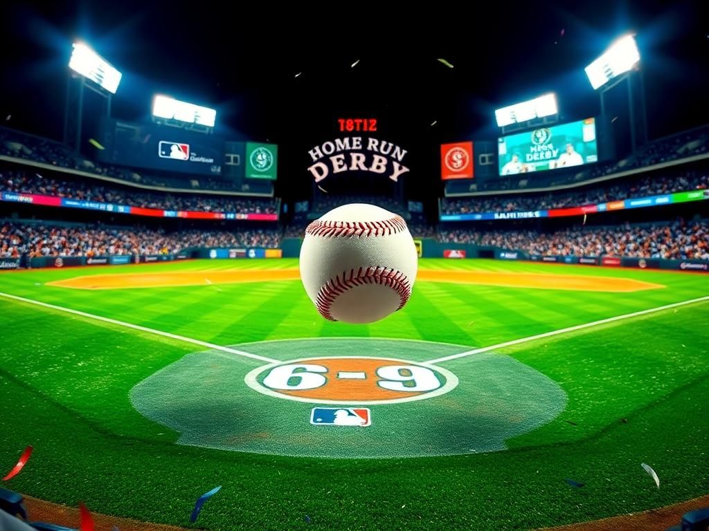 Flick International Baseball soaring through the air during the Home Run Derby at a vibrant stadium