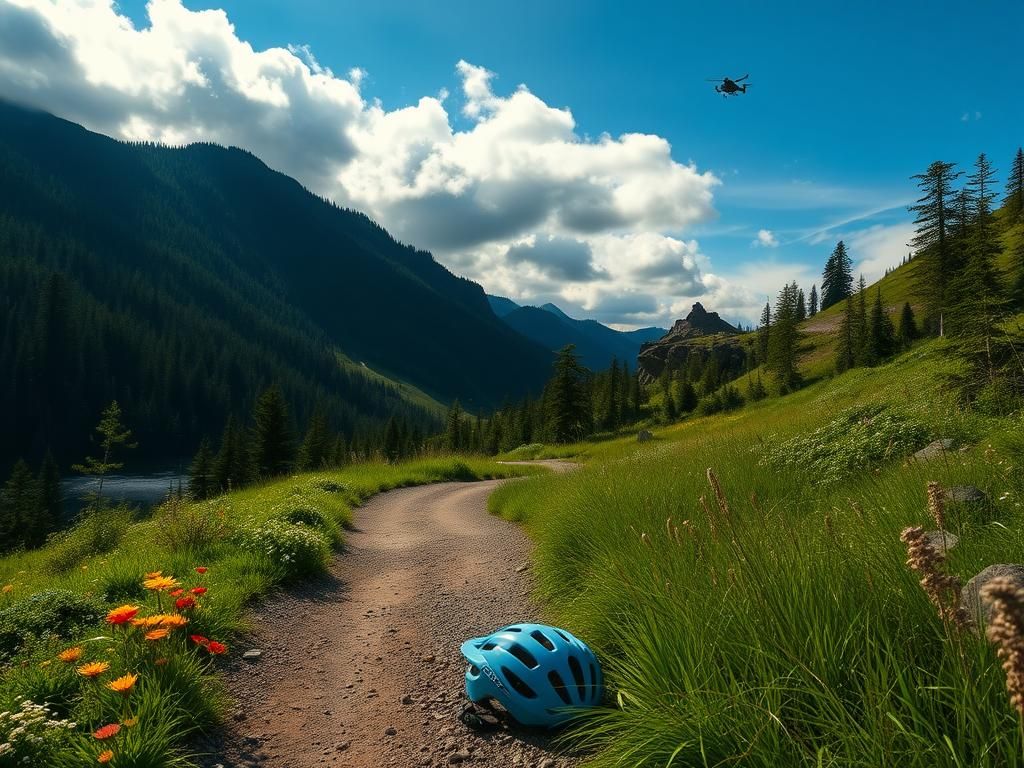 Flick International Abandoned blue bike helmet next to a winding dirt path in Mount Hood, Oregon