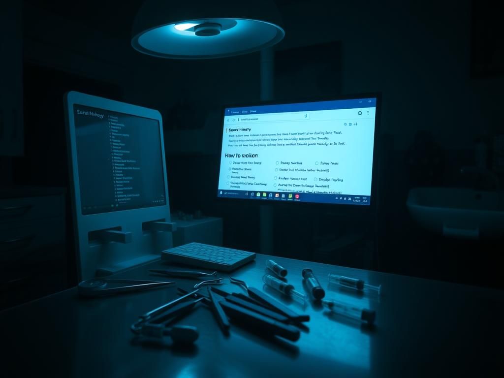 Flick International A dark dental office with a computer displaying an ominous search history about poisons.