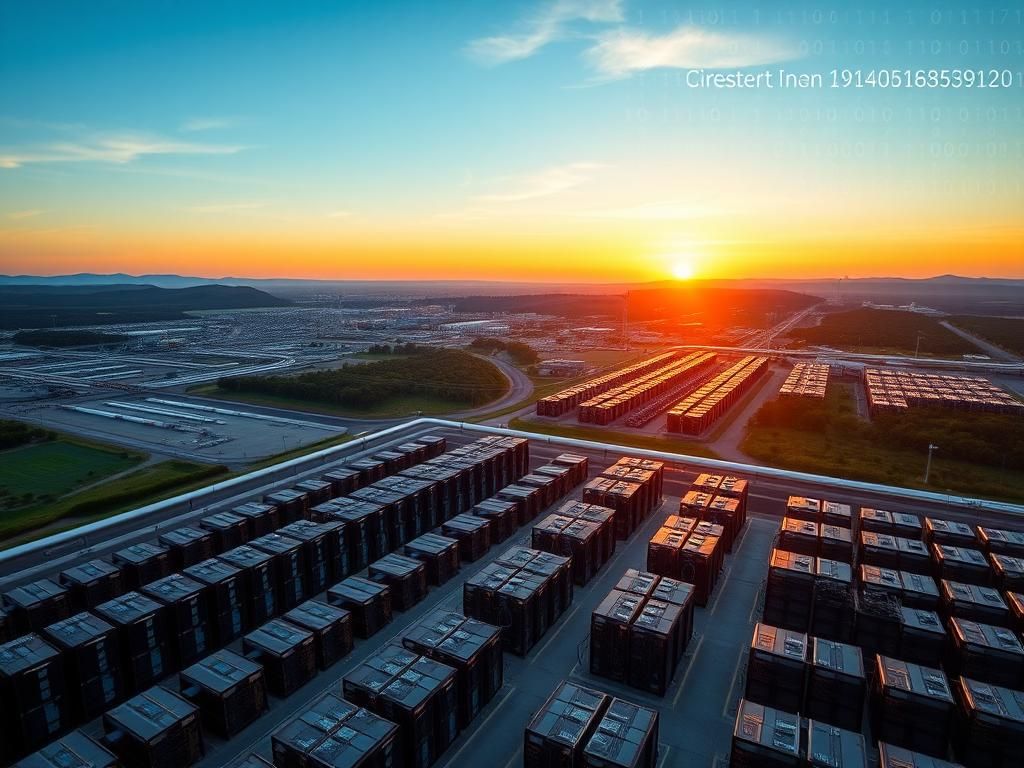 Flick International A sprawling landscape of a modern data center complex with rows of gleaming servers and natural gas pipelines in the background.