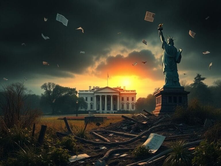 Flick International A broken statue of Lady Liberty in a crumbling American landscape symbolizing a fractured democracy