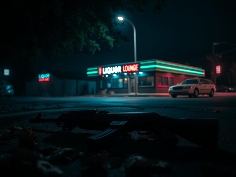 Flick International Abandoned AK-47 on a dimly lit bar sidewalk reflecting a tense atmosphere