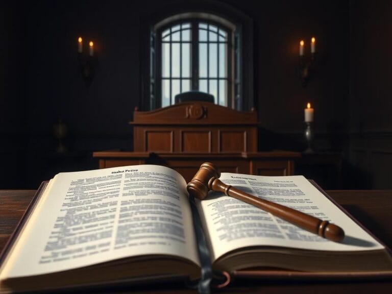 Flick International Dimly lit courtroom scene highlighting a legal battle with a wooden judge's bench and an open law book.