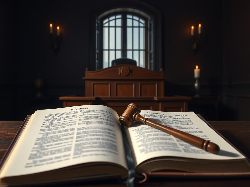 Flick International Dimly lit courtroom scene highlighting a legal battle with a wooden judge's bench and an open law book.