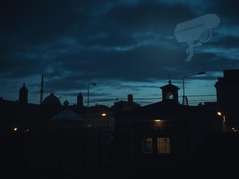 Flick International Shadowy urban landscape of Berlin at dusk with Jewish community center entrance